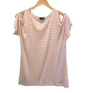 JNY Jones New York‎ Signature Womens Striped Cold Shoulder Top Pink White Small